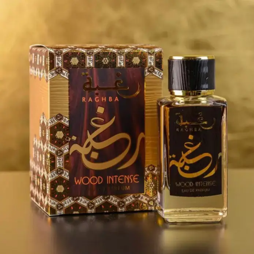 Raghba Wood Intense perfume bottle and packaging on a reflective surface with a gold background. Lattafa Raghba Wood Intense Mens Perfume
