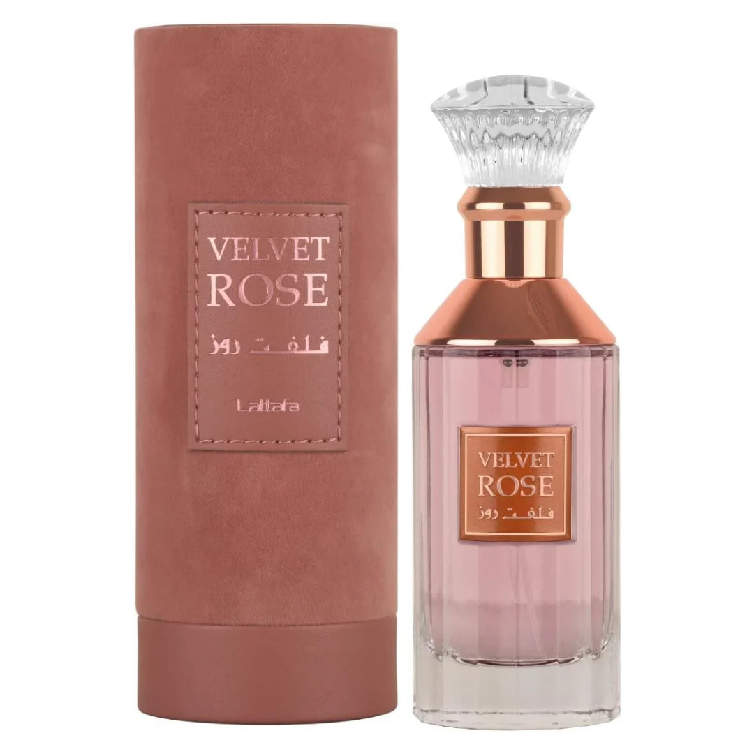 Velvet Rose perfume bottle and packaging on a white background. Lattafa Velvet Rose Womens Perfume