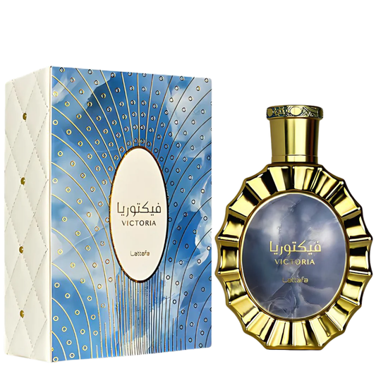 Gold Victoria perfume bottle and packaging on a white background. Lattafa Victoria Unisex Perfume