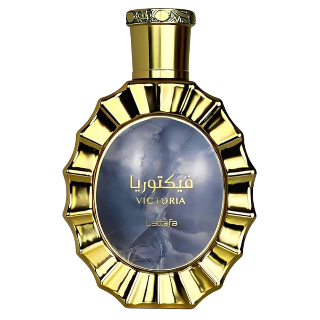 Gold and blue perfume bottle with 'Victoria' branding on a white background. Lattafa Perfumes Victoria Unisex Perfume