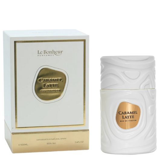 Le Bonheur Perfumes Caramel Latte perfume bottle and packaging on a white background