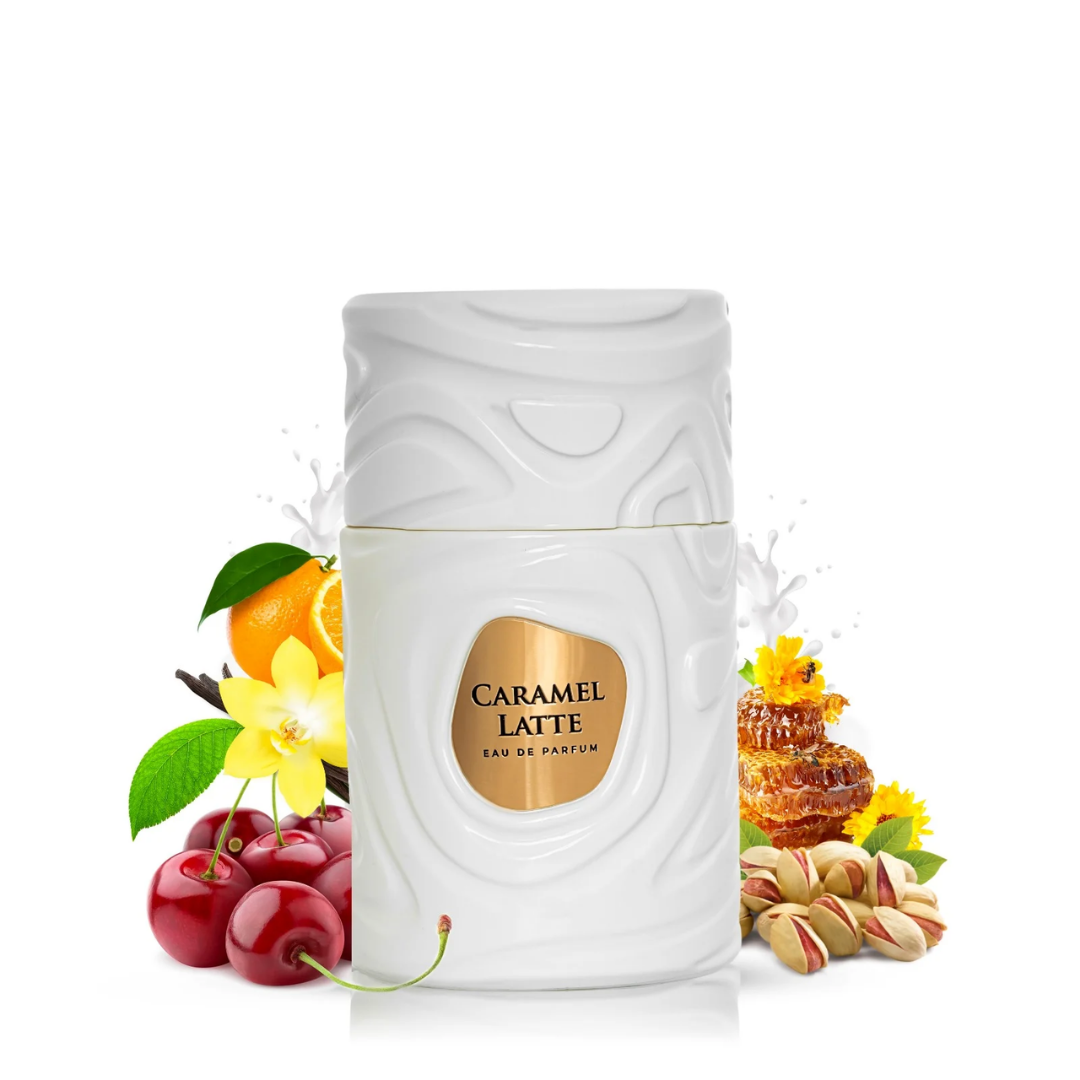 Caramel Latte perfume bottle with floral and fruit elements on a white background
