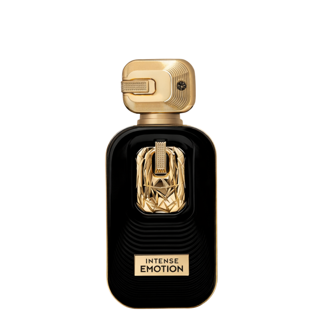 Perfume bottle with gold cap and 'Intense Emotion' text on a white background