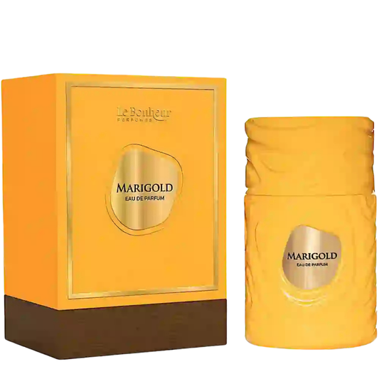 Marigold perfume bottle and packaging with 'Le Bonheur' branding on a white background