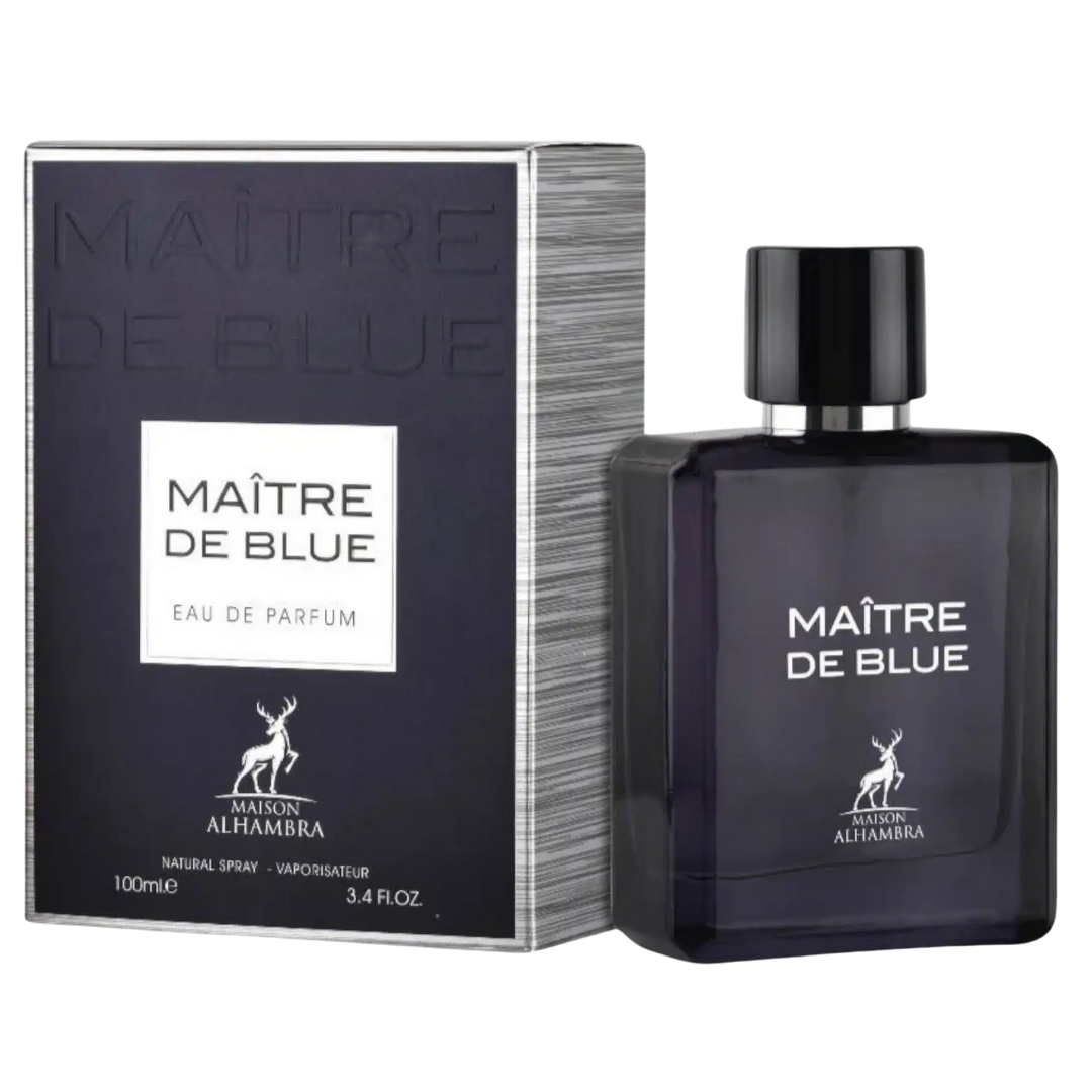 Maitre de Blue perfume bottle and packaging on a white background