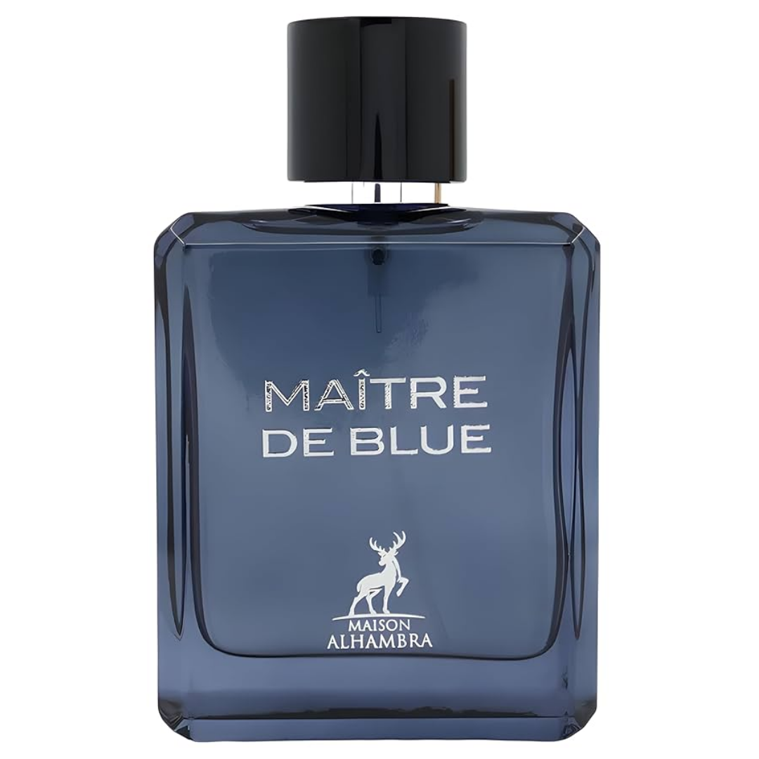 Blue perfume bottle labeled 'Maitre de Blue' by Maison Alhambra on a white background