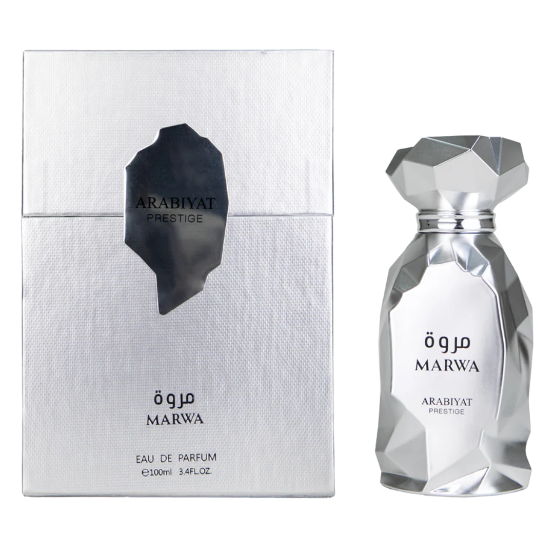 Marwa long lasting perfumes bottle and presentation box by Arabiyat Prestige. Polished, shiny silver bottle with angular features. My Perfumes. Clone / dupe of Imagination by Louis Vuitton.
