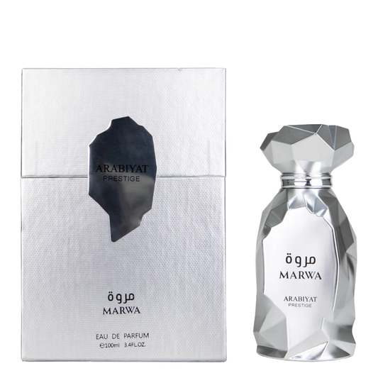 Marwa long lasting perfumes bottle and presentation box by Arabiyat Prestige. Polished, shiny silver bottle with angular features. My Perfumes. Clone / dupe of Imagination by Louis Vuitton.