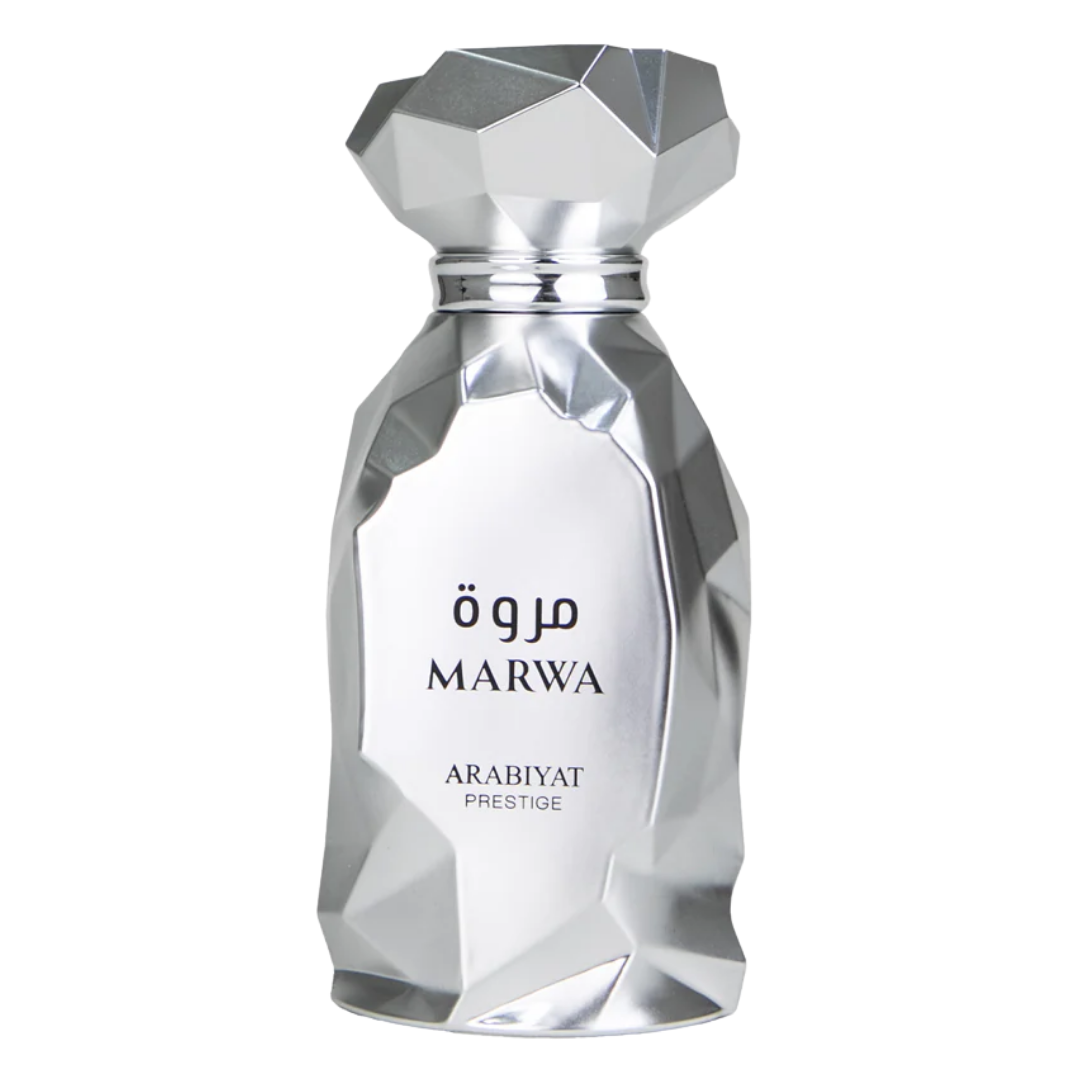 Marwa luxury perfumes bottle by Arabiyat Prestige. Polished, shiny silver bottle with angular features. My Perfumes. Clone / dupe of Imagination by Louis Vuitton.