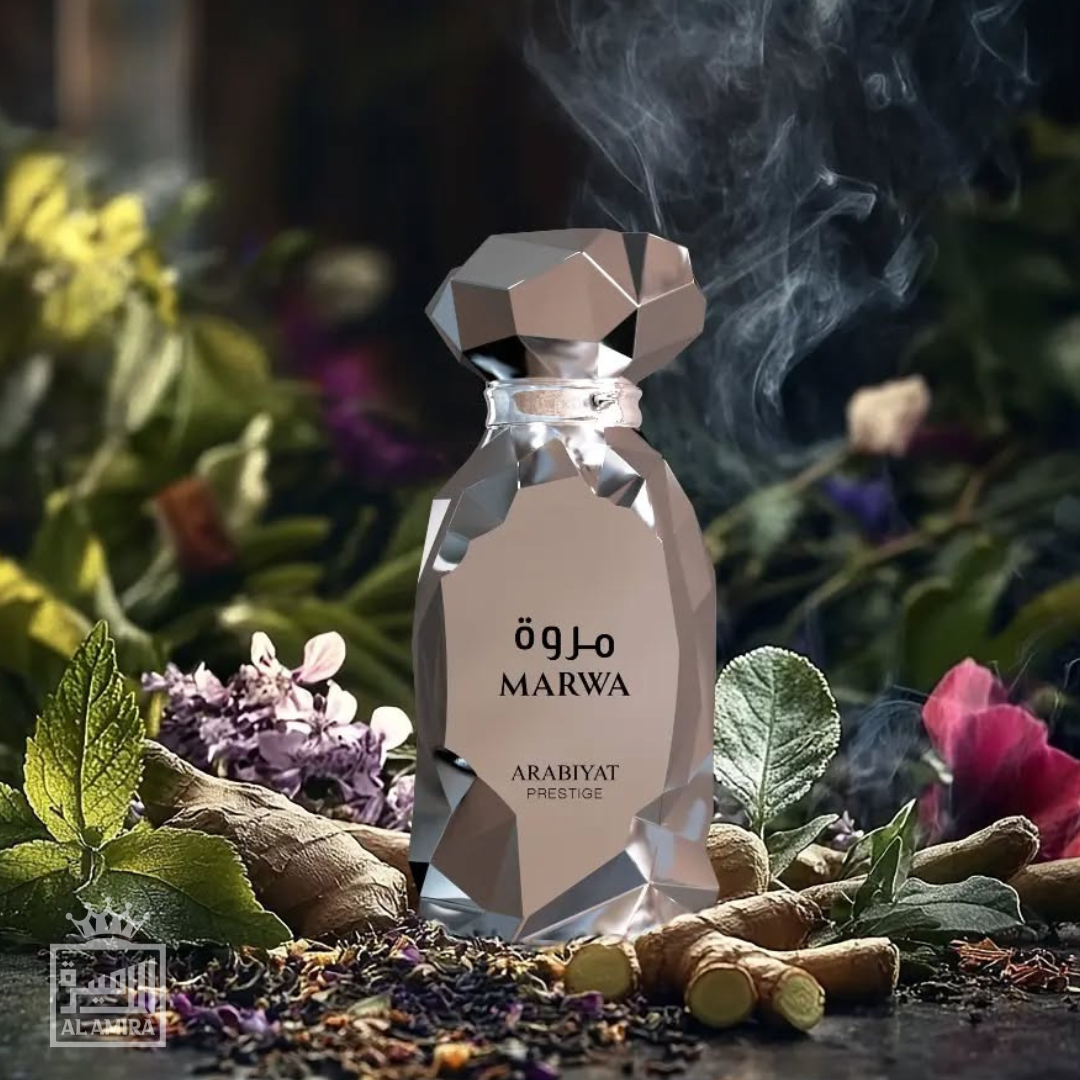 men's fragrances Marwa Arabiyat Prestige perfume bottle with smoke and herbs in the background. My Perfumes. Clone / dupe of Imagination by Louis Vuitton.