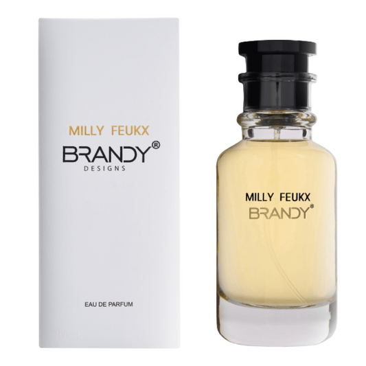 Brandy Designs Milly Feukx luxury perfume with packaging, unisex fragrance inspired by Louis Vuitton Mille Feux. Premium Arabian perfumes offering long lasting scent for men’s fragrances and women’s perfume.