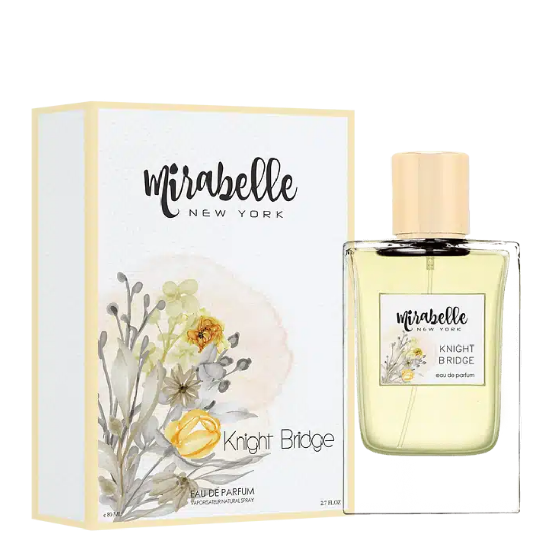 Mirabelle New York perfume bottle and packaging with floral design. Mirabelle Knight Bridge Unisex Perfume