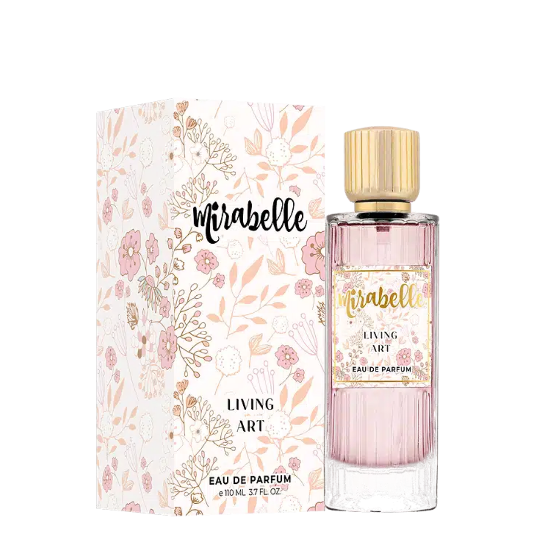 Mirabelle Eau de Parfum bottle and packaging with floral design. Mirabelle Living Art Unisex Perfume
