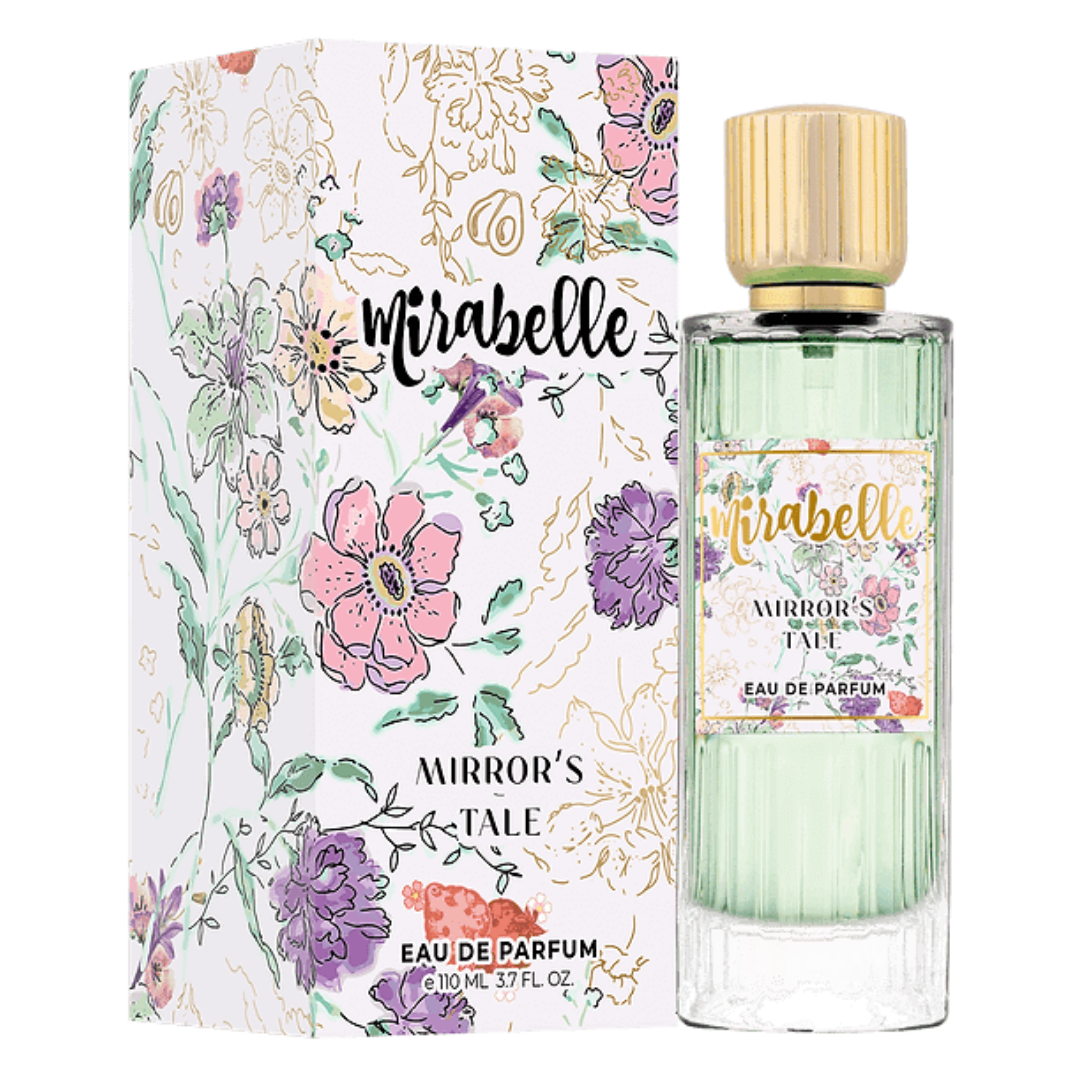 Mirabelle perfume bottle and packaging with floral design on a white background. Mirabelle Mirror's Tale Unisex Perfume