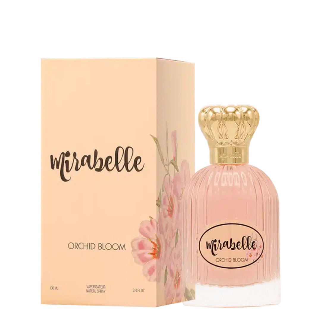 Mirabelle Orchid Bloom perfume bottle and packaging on a white background
