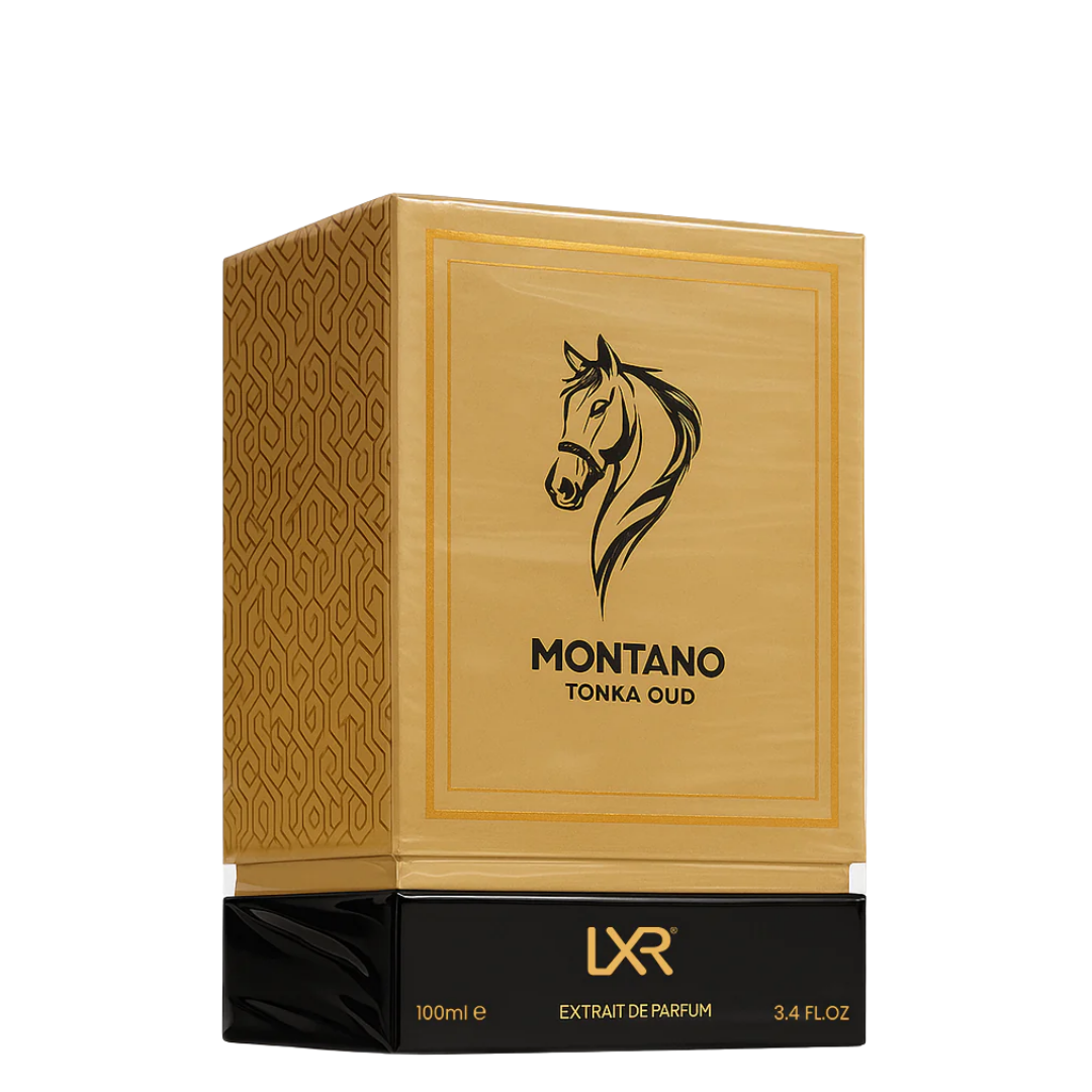 Montano Tonka Oud perfume packaging with horse logo and LXR branding.