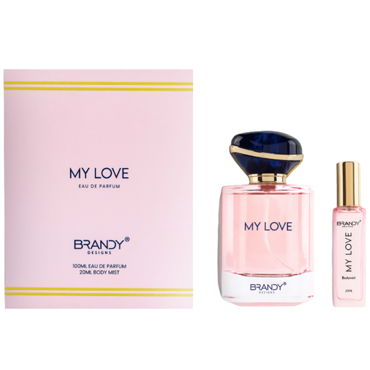 Brandy 'My Love' perfume set with pink bottle and packaging on a white background. My Love Giftset by Brandy Designs Womens Perfume
