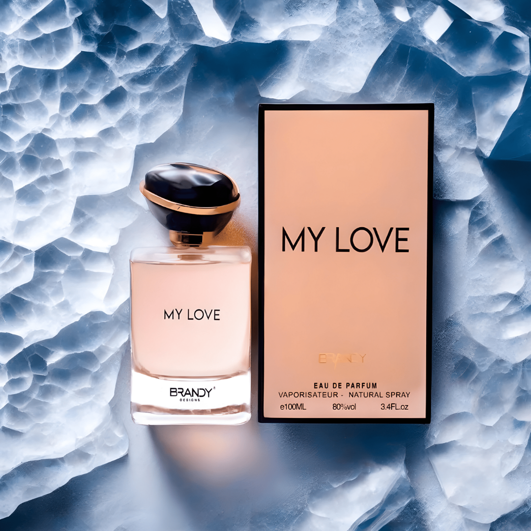 Perfume bottle and packaging labeled 'My Love' on a textured blue background. My Love by Brandy Designs Womens Perfume.