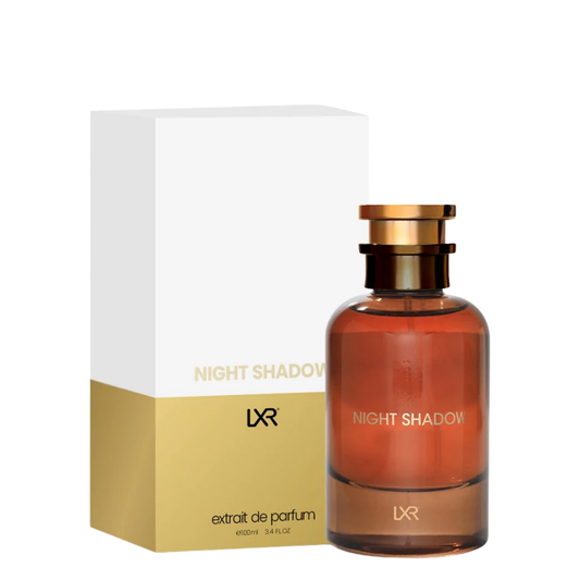 LXR Night Shadow perfume bottle and packaging on a white background