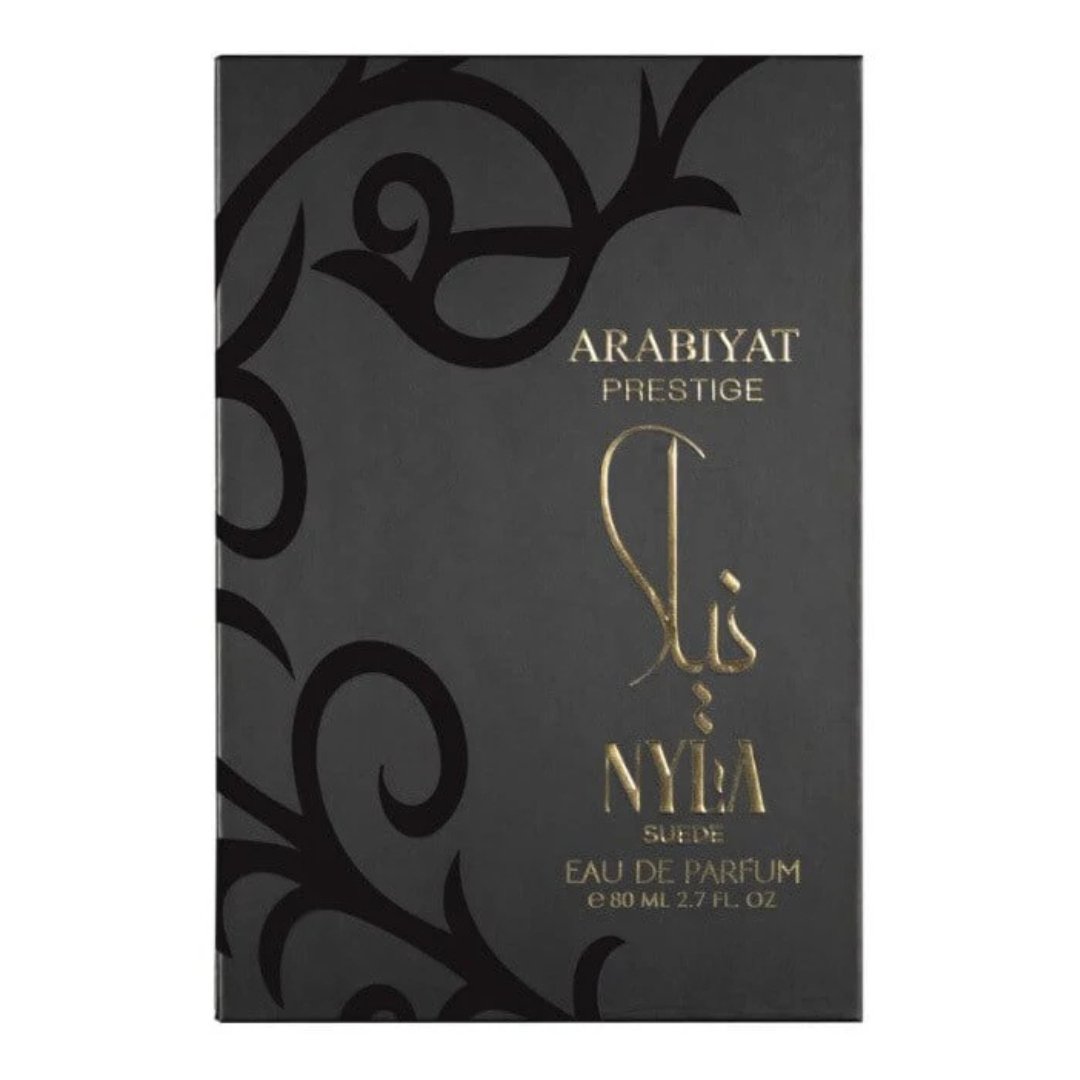 Arabiyat Prestige Nyla Suede black and gold perfume box, premium unisex fragrance with rich oriental woody scent.