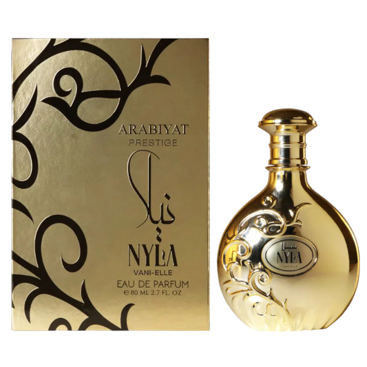 Nyla Vani-Elle Perfume Gift Set – Gold fragrance bottle and matching embossed box by Arabiyat Prestige, 80ml Eau de Parfum for women. Clone / dupe of / inspired by Giardini Di Toscana - Bianco Latte.
