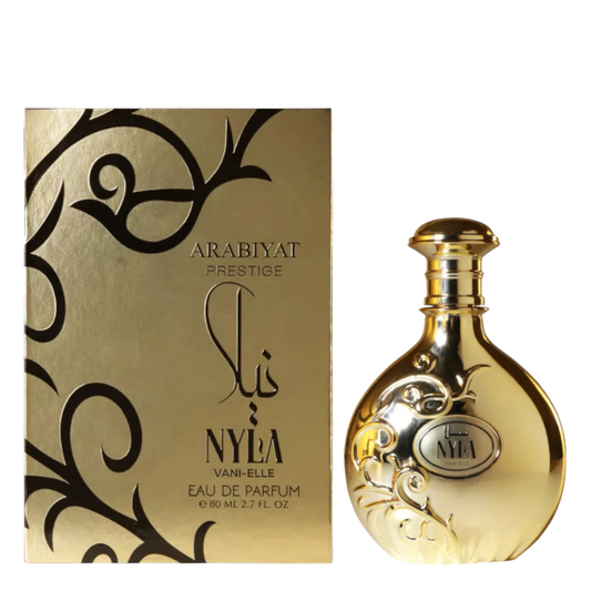 Nyla Vani-Elle Perfume Gift Set – Gold fragrance bottle and matching embossed box by Arabiyat Prestige, 80ml Eau de Parfum for women. Clone / dupe of / inspired by Giardini Di Toscana - Bianco Latte.