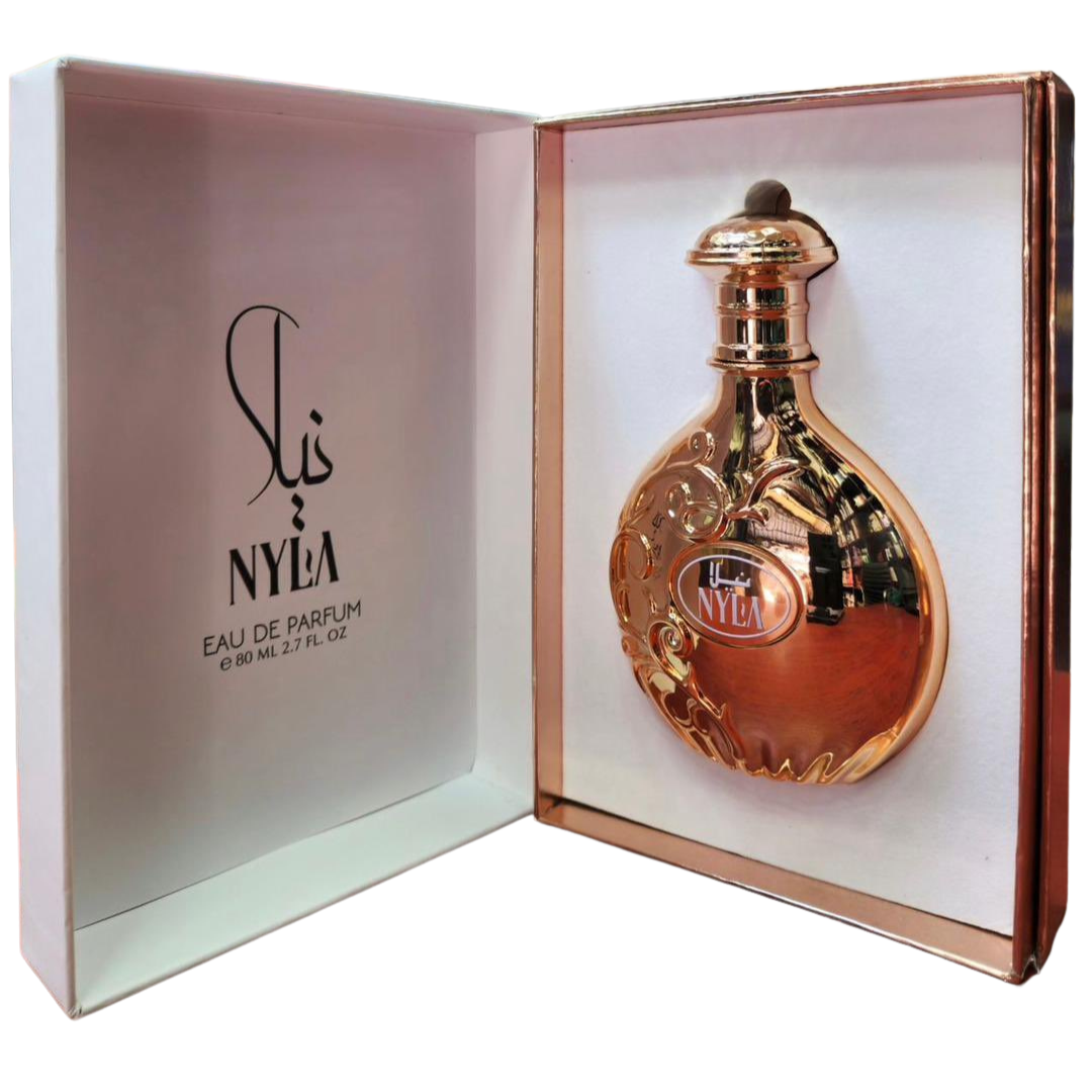 Arabiyat Prestige Nyla Eau de Parfum 80ml in deluxe gift box – oriental floral fragrance with metallic gold finish. womens fragrance.