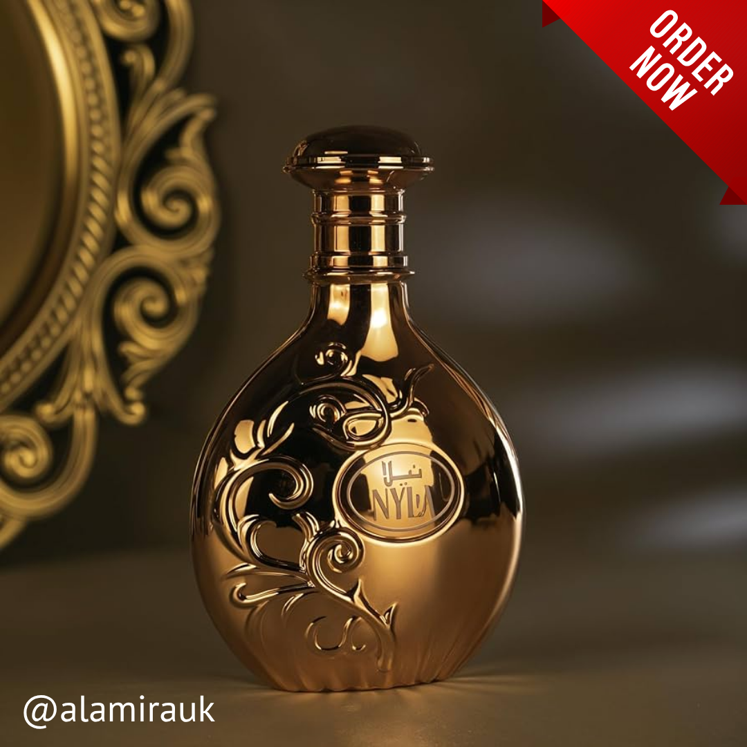 Gold bottle with intricate design on a dark background, featuring a 'Order Now' banner. Nyla by Arabiyat Prestige 80ml EDP. womens fragrance.