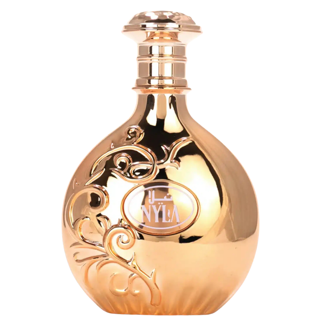 Nyla Eau de Parfum by Arabiyat Prestige – luxurious gold floral bottle design with Arabic branding, 80ml women's fragrance.