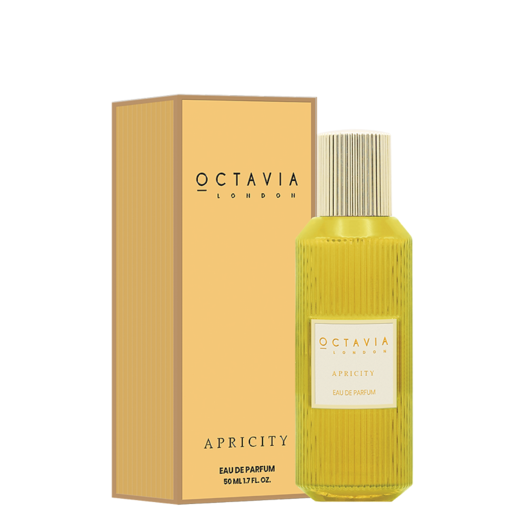 Octavia London Apricity Eau de Parfum bottle and packaging on a white background