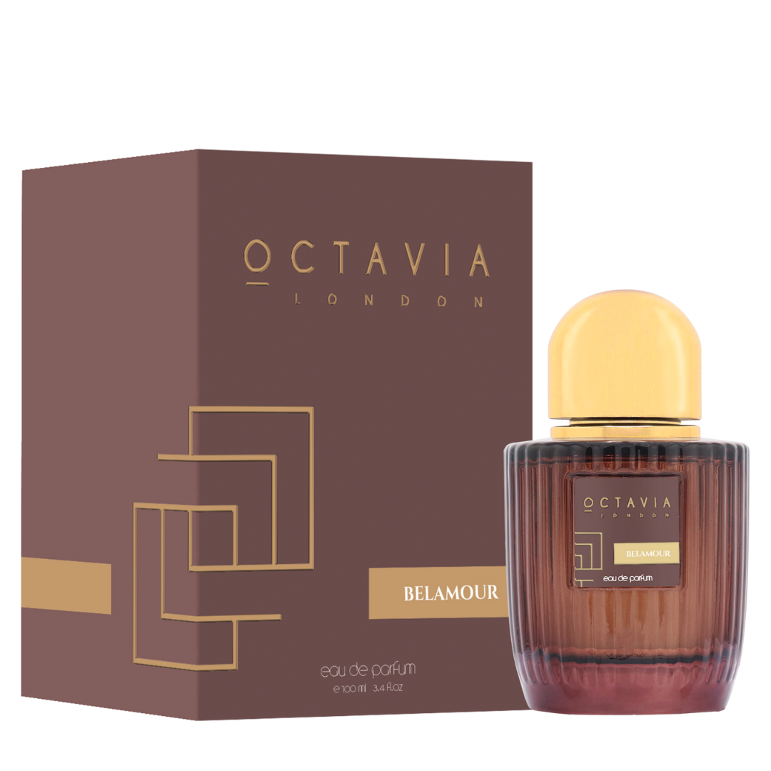 Octavia London Belamour perfume bottle and packaging on a white background