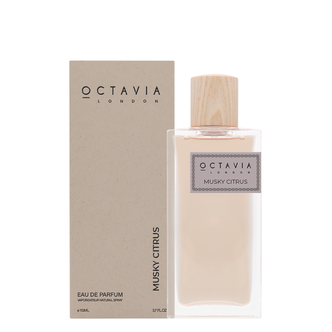 Octavia London Musky Citrus eau de parfum bottle and packaging on a white background
