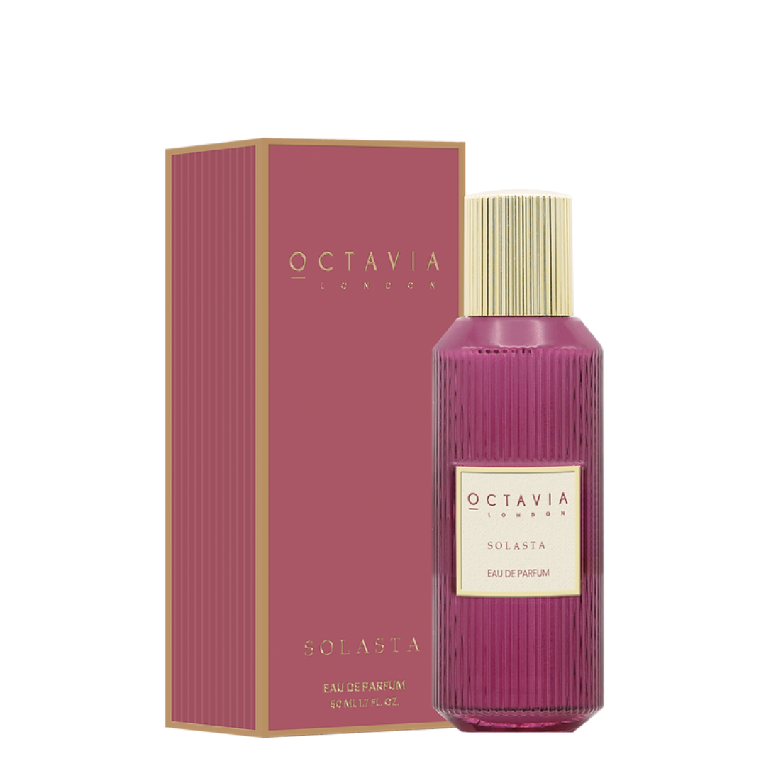 Octavia London Solasta eau de parfum bottle and packaging on a white background