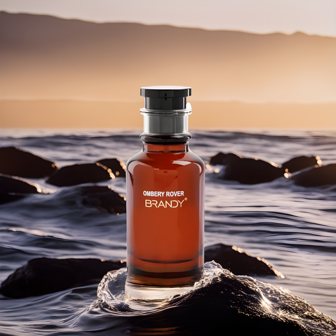 Ombery Rover by Brandy Designs men’s perfume bottle photographed on water with sunset backdrop, a luxury fragrance inspired by Louis Vuitton Ombre Nomade. A bold Arabian perfume and long lasting men’s fragrance.