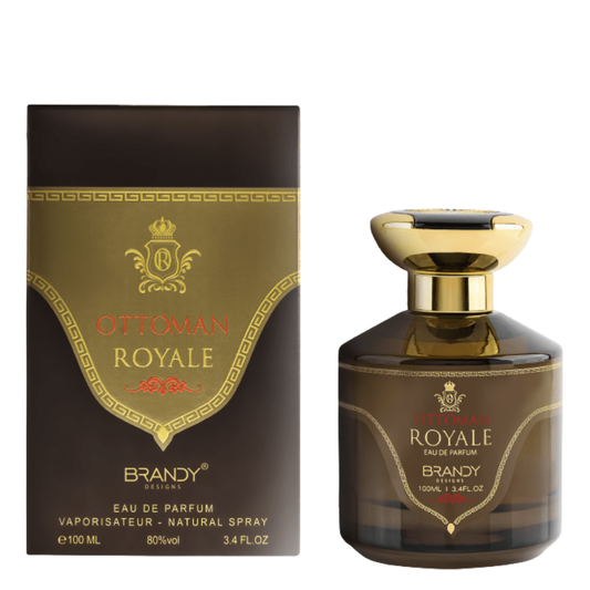Ottoman Royale Brandy Eau de Parfum bottle and packaging on a white background. Ottoman Royale by Brandy Designs Unisex Perfume