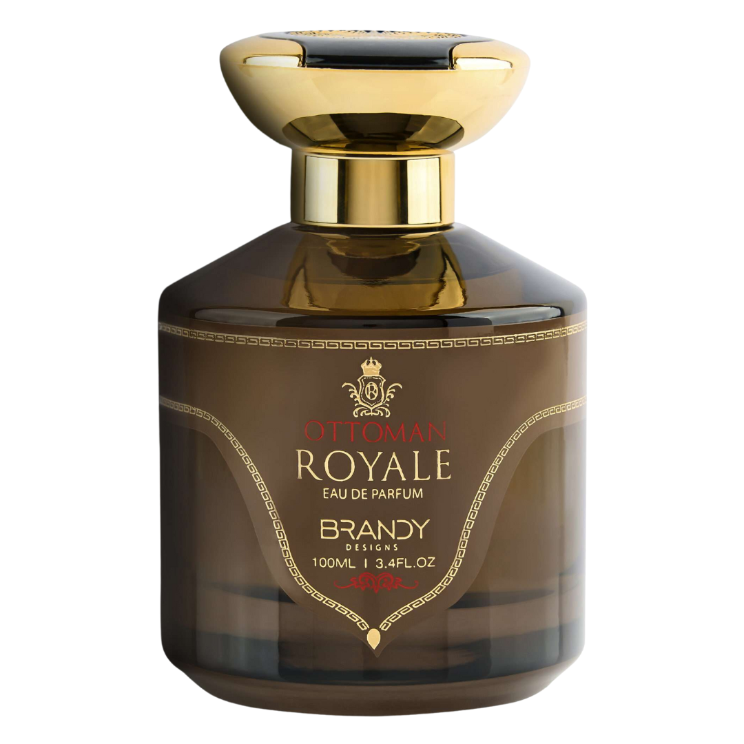 Perfume bottle labeled 'Ottoman Royale Brandy' with gold cap on a white background. Ottoman Royale by Brandy Designs Unisex Perfume