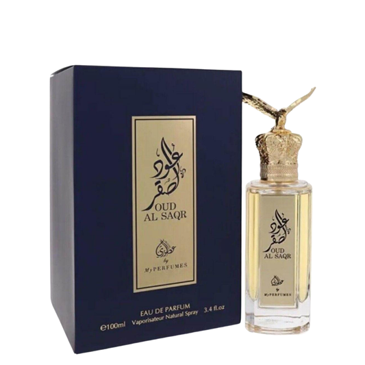 Oud Al Saqr perfume bottle and packaging on a white background