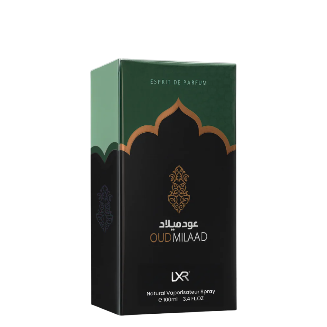 Oud Milaad perfume packaging with green and black design.