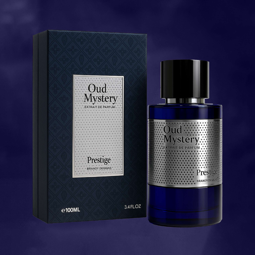 Perfume bottle labeled 'Oud Mystery' on a stone surface with a blurred natural background