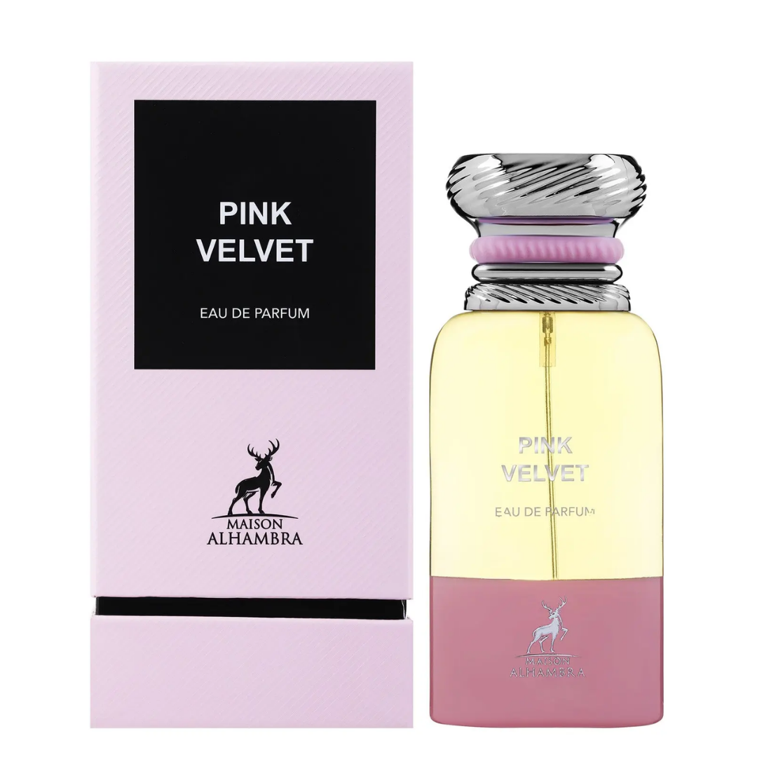 Maison Alhambra Pink Velvet Eau de Parfum bottle and packaging on a white background