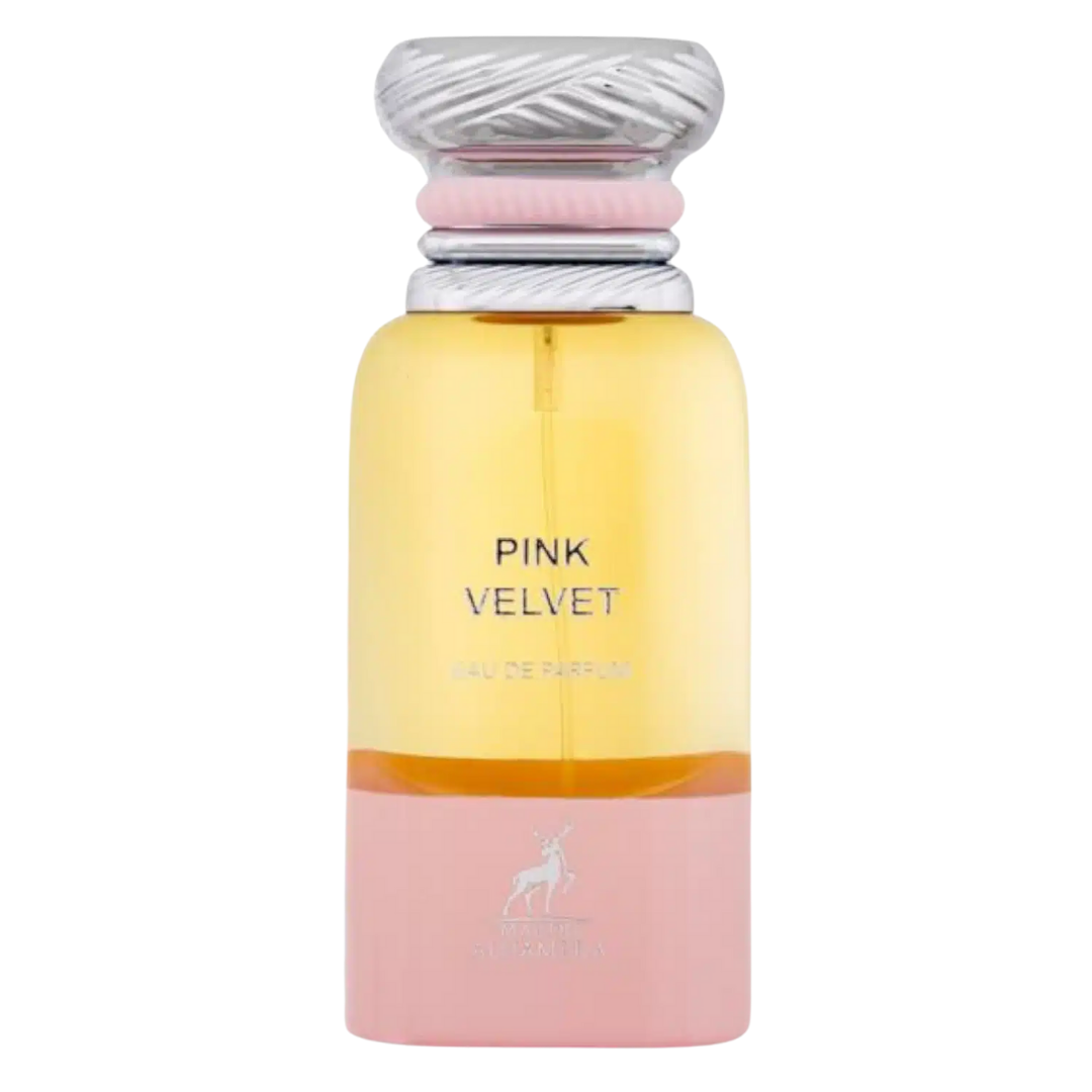 Perfume bottle labeled 'Pink Velvet' with a silver cap on a white background