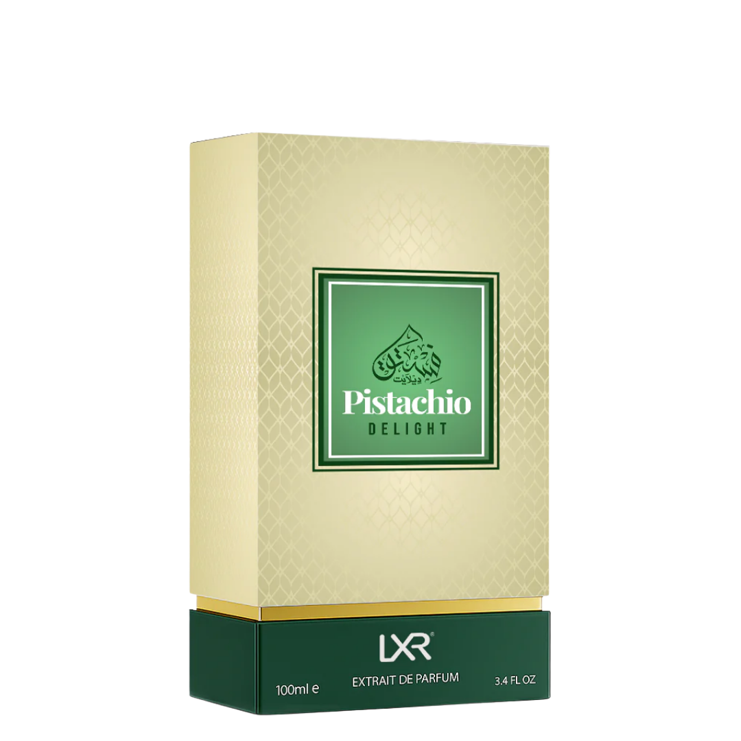 LXR Pistachio Delight perfume box on a white background