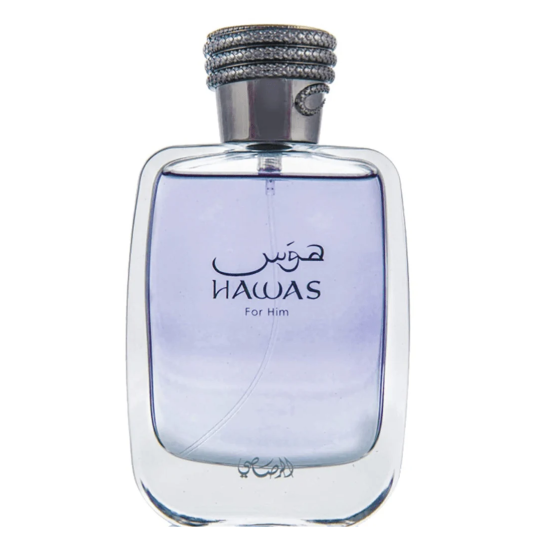 Perfume bottle labeled 'Hawas For Him' on a white background