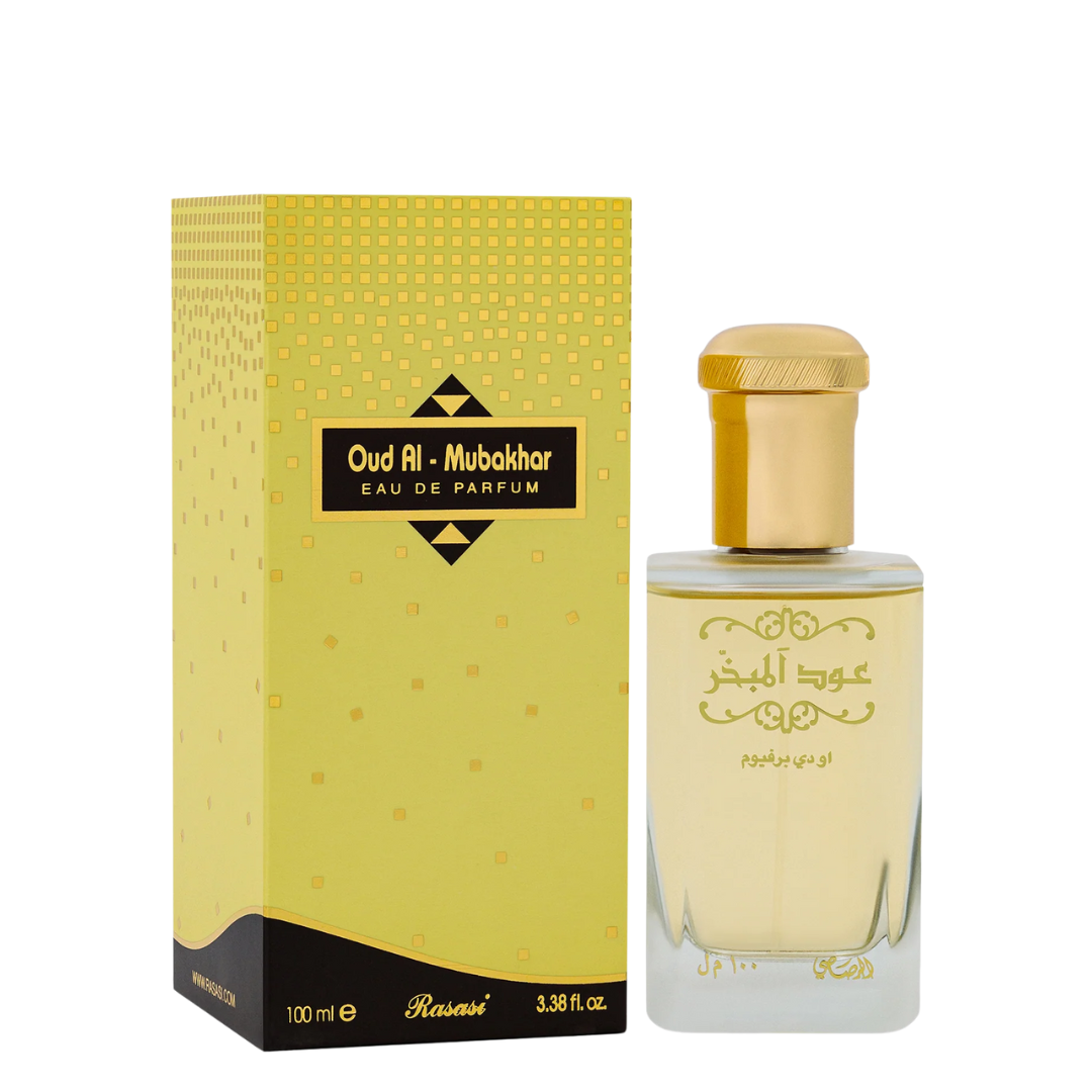 Oud Al Mubakhar perfume bottle and packaging on a white background