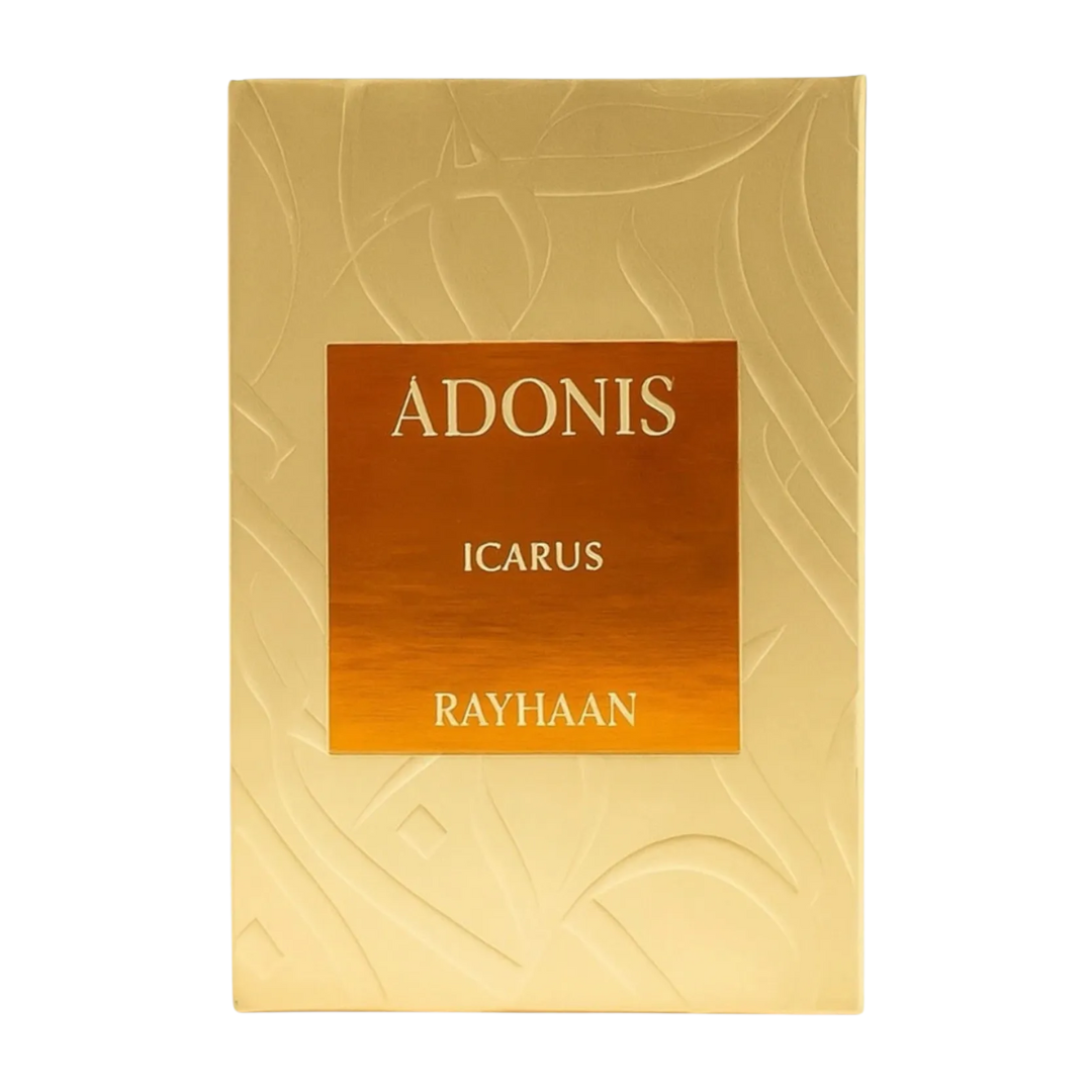 Gold packaging with 'ADONIS' and 'ICARUS' branding on a white background. Rayhaan Adonis Icarus Mens Perfume