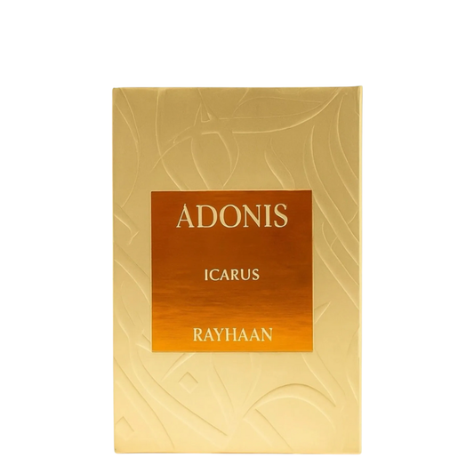 Gold packaging with 'ADONIS' and 'ICARUS' branding on a white background. Rayhaan Adonis Icarus Mens Perfume