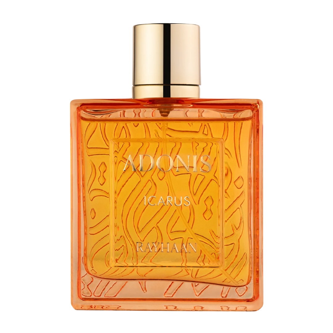 Orange perfume bottle with gold cap labeled 'Adonis Icarus' on a white background. Rayhaan Adonis Icarus Mens Perfume