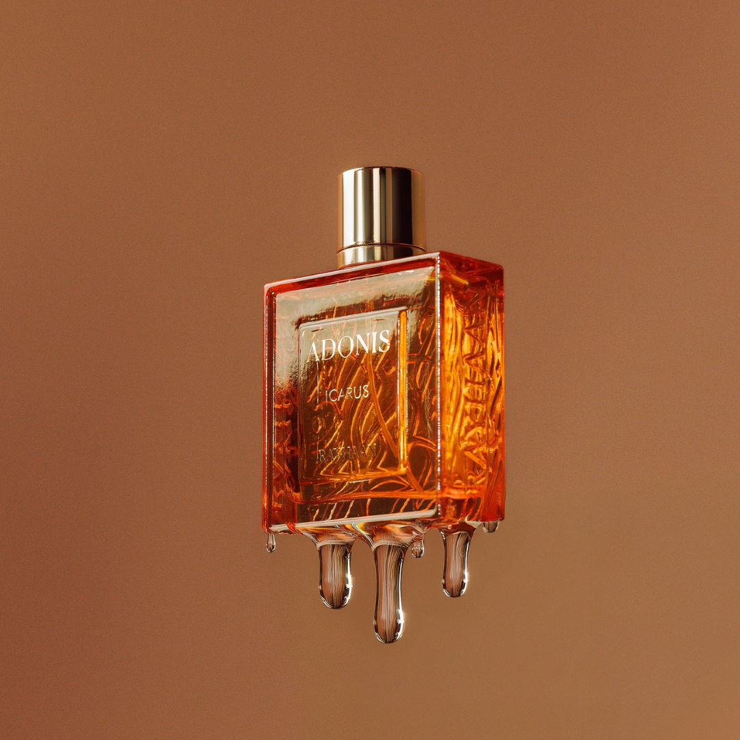 Perfume bottle labeled 'Adonis' with a brown background. Rayhaan Adonis Icarus Mens Perfume
