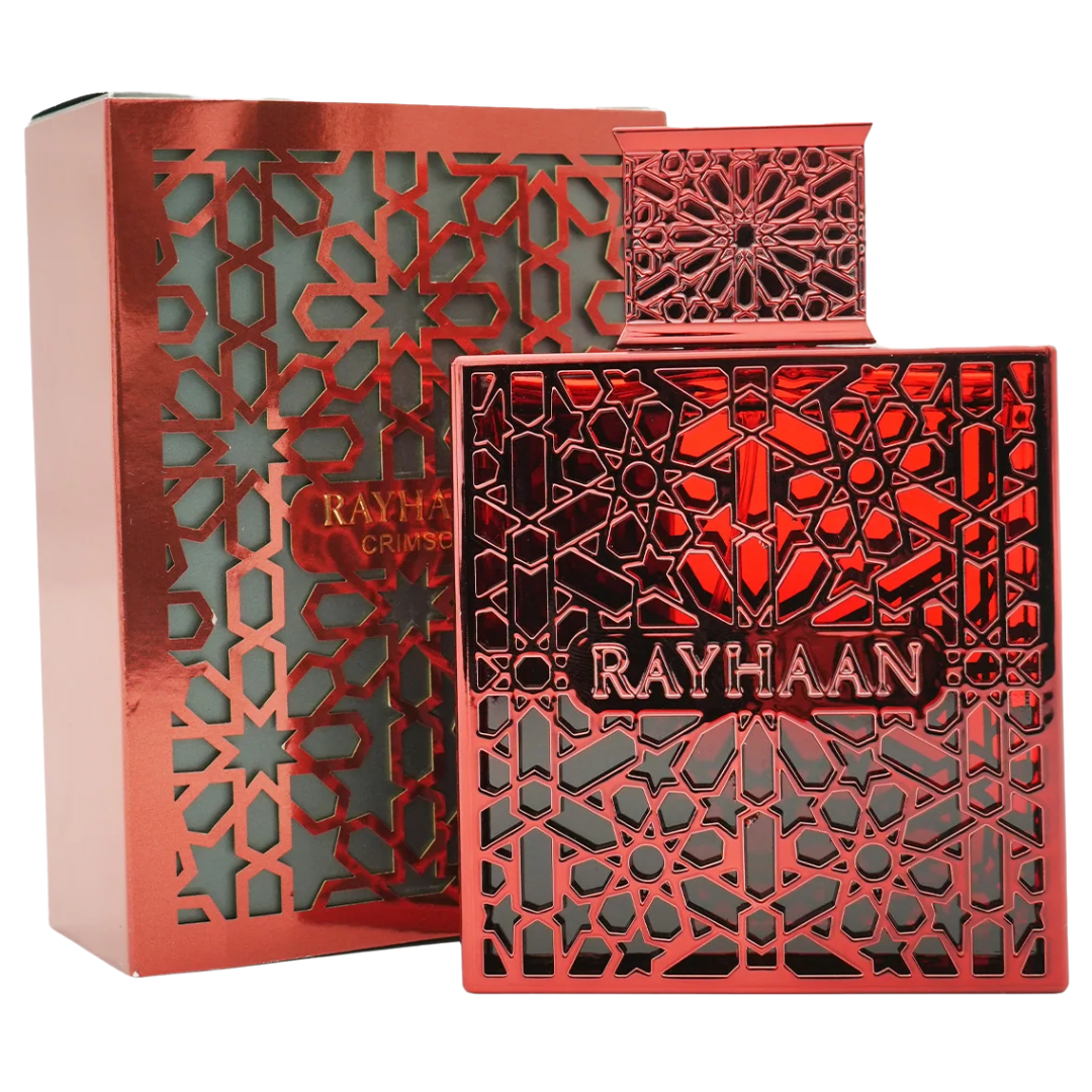 Red 'Rayhaan' perfume bottle and packaging with intricate patterns on a white background. Rayhaan Crimson Mens Perfume