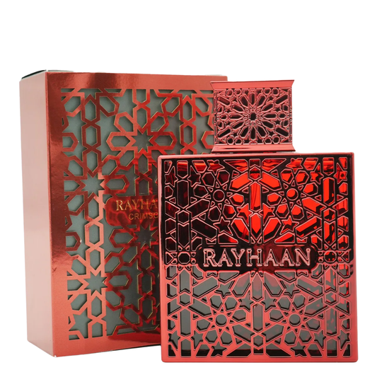 Red 'Rayhaan' perfume bottle and packaging with intricate patterns on a white background. Rayhaan Crimson Mens Perfume